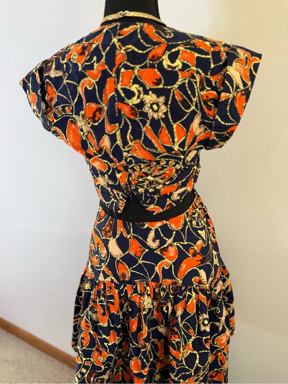 A.L.C. Printed Cotton Dress Size 2 Navy Orange Boho Tie Front Mini - Picture 6 of 11